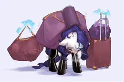 Size: 1721x1140 | Tagged: suggestive, alternate version, artist:luciferamon, edit, editor:anonymous, rarity, pony, unicorn, /mlp/ latex requests, bags, blushing, clothes, eyes closed, eyeshadow, female, floppy ears, image, latex, latex suit, levitation, luggage, magic, makeup, mare, messy mane, png, purple mane, purple tail, shivering, simple background, socks, solo, standing, straining, sweat, telekinesis, thigh highs, white background, white coat