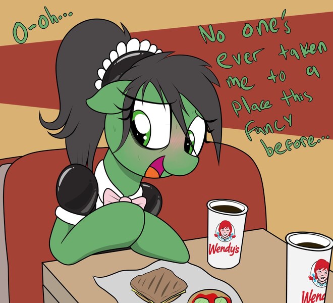 Size: 2200x2000 | Tagged: safe, artist:datte-before-dawn, edit, editor:anonymous, oc, oc:anon-mare, unofficial characters only, earth pony, pony, /mlp/ latex requests, blushing, bowtie, clothes, dialogue, drink, earth pony oc, eye clipping through hair, female, floppy ears, food, gray mane, green coat, green eyes, hooves together, image, jpeg, latex, latex dress, looking away, maid, mare, nervous, open mouth, sandwich, sitting, soda, solo, sweat, wendy's