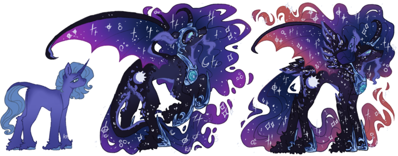 Size: 2218x872 | Tagged: safe, artist:kazmuun, derpibooru import, nightmare moon, princess luna, pony, unicorn, age progression, alternate design, curved horn, horn, image, older, png, quadrupedal, simple background, transparent background, unshorn fetlocks