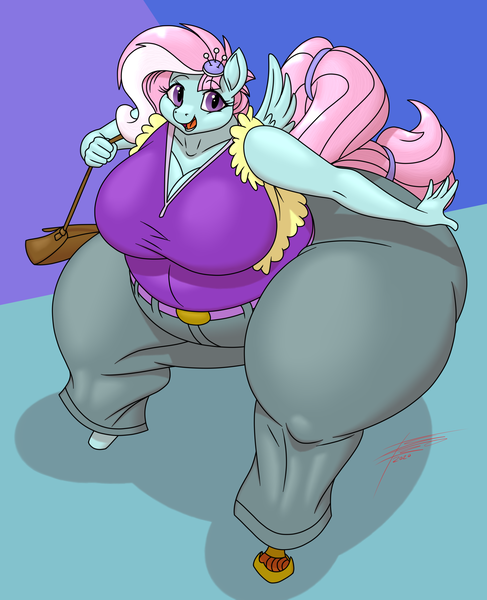 Size: 1728x2128 | Tagged: questionable, artist:nonuberis, artist:thespacepon3, derpibooru import, kerfuffle, anthro, pegasus, unguligrade anthro, amputee, ass, bbw, belly, belt, breasts, butt, clothes, fat, image, pants, png, prosthetic limb, prosthetics, satchel, shirt, ssbbw, thighs, vest