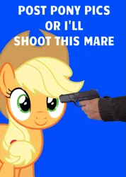 Size: 753x1060 | Tagged: safe, alternate version, artist:bonemareoh, derpibooru import, applejack, earth pony, human, pony, blackmail, caption, female, gun, hand, hat, image, image macro, mare, national lampoon, orange background, png, simple background, solo, staring at you, text, weapon