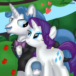 Size: 1400x1400 | Tagged: safe, artist:mlplary6, derpibooru import, fancypants, rarity, pony, unicorn, clothes, female, flower, heart, holding hooves, image, looking at each other, looking at someone, male, mare, png, raripants, rose, shipping, smiling, smiling at each other, stallion, straight