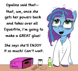 Size: 1850x1676 | Tagged: safe, artist:chopsticks, derpibooru import, pony, unicorn, g5, bottle, cheek fluff, chest fluff, chipped tooth, clothes, curly mane, cute, dialogue, easybake oven, female, freckles, glue, goggles, image, implied opaline arcana, innocent, lab coat, looking up, mare, misty brightdawn, mistybetes, misunderstanding, opabitch, painfully innocent, petri dish, png, popsicle sticks, science, simple background, solo, table, text, the implications are horrible, this will end in death, this will end in tears, this will end in tears and/or death, unaware, unshorn fetlocks, white background, you sweet summer child