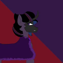 Size: 2000x2000 | Tagged: safe, artist:sh4deshad0w41, derpibooru import, king sombra, twilight sparkle, oc, unofficial characters only, unicorn, adoptable, angry, annoyed, black mane, cape, clothes, curved horn, horn, image, jewelry, jpeg, male, offspring, parent:king sombra, parent:twilight sparkle, parents:twibra, purple background, purple eyes, red background, simple background, solo