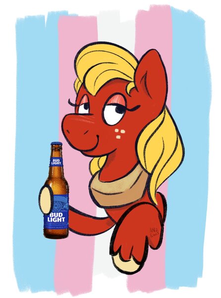 Size: 1285x1727 | Tagged: safe, artist:amynewblue, derpibooru import, big macintosh, earth pony, pony, alcohol, beer, beer bottle, bottle, bud light, eyeshadow, image, jpeg, makeup, pride flag, smiling, solo, trans mare big mac, transgender