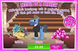 Size: 1960x1297 | Tagged: safe, derpibooru import, idw, official, jargon, earth pony, pony, advertisement, bush, camera, clothes, costs real money, english, gameloft, gem, hat, idw showified, image, jpeg, male, mobile game, my little pony: magic princess, necktie, numbers, sale, solo, solo focus, stallion, suit, text