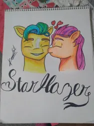 Size: 1560x2080 | Tagged: safe, artist:karina11494591, derpibooru import, hitch trailblazer, sunny starscout, earth pony, pony, g5, duo, duo male and female, female, heart, image, jpeg, kissing, male, mare, photo, shipping, signature, simple background, stallion, straight, sunnyhitch, traditional art, white background
