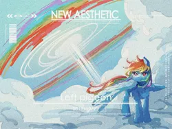 Size: 2160x1620 | Tagged: safe, artist:lendftcn, derpibooru import, rainbow dash, pegasus, pony, cloud, female, film grain, high res, image, jpeg, looking at you, mare, on a cloud, solo, sonic rainboom, standing on a cloud, text