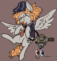 Size: 777x836 | Tagged: safe, derpibooru import, oc, oc:horsetv, pegasus, pony, /mlp/ tf2 general, camera, clothes, eyes closed, female, hat, heterochromia, image, jacket, mare, monitor, necktie, png, solo, solo female, sourcetv, spread wings, team fortress 2 logo, tongue out, wings