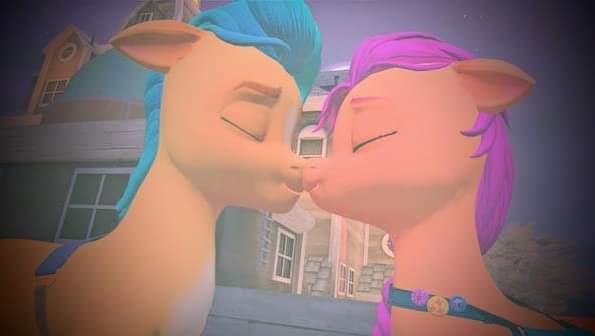 Size: 595x336 | Tagged: safe, artist:karina11494591, derpibooru import, hitch trailblazer, sunny starscout, earth pony, pony, g5, cg, duo, duo male and female, female, image, jpeg, kissing, male, mare, maretime bay, stallion