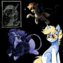 Size: 4096x4096 | Tagged: safe, artist:misstwipietwins, derpibooru import, oc, oc:cookie malou, oc:nootaz, oc:vylet, unofficial characters only, earth pony, pegasus, unicorn, black background, clothes, coat markings, ear piercing, earring, female, glasses, headphones, hoodie, image, jewelry, jpeg, leonine tail, piercing, sharp teeth, simple background, tail, teeth