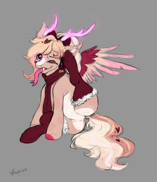 Size: 3531x4096 | Tagged: safe, artist:misstwipietwins, derpibooru import, oc, unofficial characters only, original species, pony, antlers, behaving like a cat, clothes, coat markings, colored wings, ear scratch, fangs, female, forked tongue, glow, glowing horn, gray background, horn, image, jpeg, long tongue, multicolored wings, one eye closed, scarf, simple background, socks, tongue out, wings