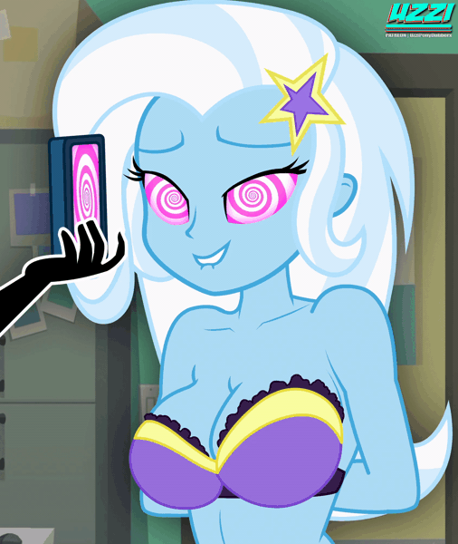 Size: 1350x1600 | Tagged: questionable, artist:uzzi-ponydubberx, trixie, equestria girls, animated, big breasts, bouncing, bouncing breasts, bra, breasts, busty trixie, clothes, female, female focus, gif, image, lip bite, mind control, mobile phone, phone, smartphone, solo focus, swirly eyes, underwear, undressing