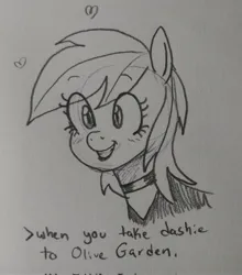 Size: 1806x2048 | Tagged: safe, artist:pony quarantine, derpibooru import, rainbow dash, pegasus, pony, bust, choker, female, floating heart, grayscale, grin, heart, image, jpeg, mare, monochrome, pencil drawing, sketch, smiling, solo, text, traditional art