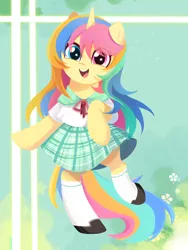 Size: 1500x2000 | Tagged: safe, artist:ely亚兔子, derpibooru import, oc, oc:lemon, unofficial characters only, pony, unicorn, bipedal, clothes, happy, horn, image, jpeg, smiling, standing, standing on one leg, unicorn oc, uniform