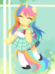 Size: 1500x2000 | Tagged: safe, artist:ely亚兔子, derpibooru import, oc, oc:lemon, unofficial characters only, pony, unicorn, bipedal, clothes, happy, horn, image, jpeg, smiling, standing, standing on one leg, unicorn oc, uniform