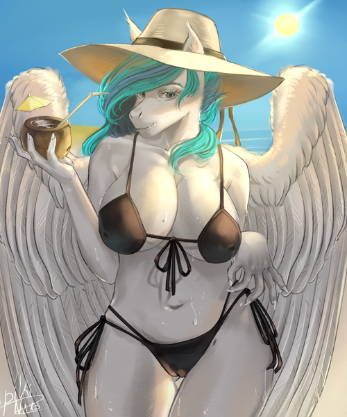 Size: 2500x3000 | Tagged: suggestive, artist:p i k i n a s 13, derpibooru import, oc, oc:vinyl dask, unofficial characters only, anthro, pegasus, pony, beach, belly button, bikini, black bikini, breasts, clothes, female, image, milf, nipples, nudity, png, solo, solo female, sun, swimsuit