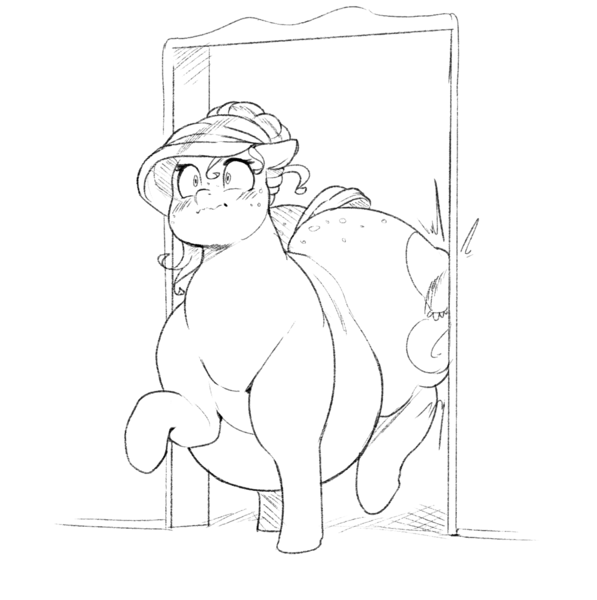 Size: 1448x1456 | Tagged: suggestive, artist:sirmasterdufel, derpibooru import, oc, oc:claire, earth pony, pony, belly, big belly, blushing, butt, doorway, fat, female, freckles, huge belly, huge butt, image, large butt, png, solo, the ass is monstrously oversized for tight entrance, the ass was too fat, too fat to get through, wide hips