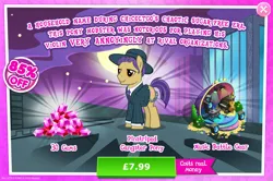 Size: 1956x1298 | Tagged: safe, derpibooru import, idw, official, unnamed character, unnamed pony, earth pony, pony, advertisement, bush, chains, clothes, costs real money, english, gameloft, gem, hat, idw showified, image, jpeg, male, mobile game, musical instrument, my little pony: magic princess, necktie, numbers, piano, pinstripes, sale, solo, solo focus, speaker, stallion, suit, text