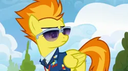 Size: 2160x1211 | Tagged: safe, derpibooru import, screencap, spitfire, pegasus, pony, top bolt, bush, clothes, cloud, drill sergeant, female, image, jpeg, necktie, solo, solo female, suit, sunglasses, turned head, uniform, whistle, whistle necklace, wonderbolts dress uniform