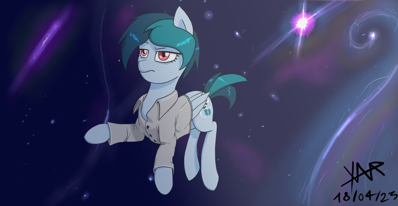 Size: 1920x993 | Tagged: safe, artist:anonixar, derpibooru import, oc, oc:delta vee, button-up shirt, clothes, complex background, female, galaxy, image, jpeg, shirt, solo, solo female, space, stars