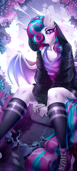 Size: 2250x5000 | Tagged: safe, artist:rico_chan, derpibooru import, ivy, ivy vine, oc, anthro, bat pony, pony, g2, clothes, cloud, image, leaves, png, purple background, shirt, shoes, simple background, sleeveless, sleeveless shirt, sneakers, socks, solo, stockings, sunset, sweatshirt, thigh highs