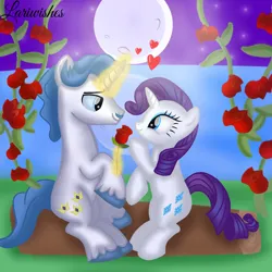 Size: 1400x1400 | Tagged: safe, artist:mlplary6, derpibooru import, fancypants, rarity, pony, unicorn, female, flower, heart, image, lake, levitation, looking at each other, looking at someone, love, magic, magic aura, male, mare, moon, moonlight, night, png, raripants, romantic, rose, shipping, sitting, smiling, smiling at each other, stallion, straight, telekinesis, water