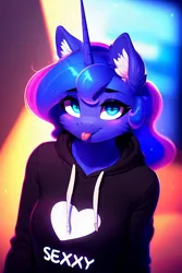 Size: 1024x1536 | Tagged: safe, derpibooru import, editor:nightluna, machine learning assisted, machine learning generated, purplesmart.ai, stable diffusion, princess luna, anthro, :p, abstract background, black hoodie, breasts, cheek fluff, clothes, ear fluff, eyebrows, eyelashes, heart, hoodie, image, jpeg, looking at you, smiling, smiling at you, solo, standing, text, tongue out