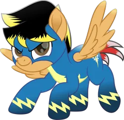 Size: 2417x2336 | Tagged: safe, artist:lincolnbrewsterfan, derpibooru import, edit, editor:nc-tv, vector edit, oc, oc:14fan, unofficial characters only, pegasus, pony, derpibooru, twibooru, my little pony: the movie, .svg available, black mane, clothes, crouching, derpibooru exclusive, determination, determined, determined face, determined look, determined smile, gradient hooves, highlights, image, inkscape, juxtaposition, lightning, looking at you, male, meta, mismatched mane, mismatched tail, movie accurate, pegasus oc, png, ponysona, red tail, shading, simple background, smiling, smiling at you, spread wings, stallion, tail, transparent background, two toned mane, two toned tail, uniform, vector, wings, wonderbolts, wonderbolts uniform, yellow mane