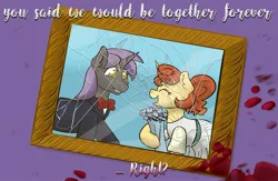 Size: 2000x1305 | Tagged: semi-grimdark, artist:cadetredshirt, derpibooru import, oc, oc:fair devotion, oc:royal order, unofficial characters only, pony, unicorn, blood, bouquet, bowtie, broken glass, carpet, clothes, dress, ear fluff, elements of justice, eyes closed, fanart, female, flower, image, jpeg, looking at each other, looking at someone, male, mare, picture frame, shading, shattered glass, simple background, smiling, smiling at each other, stallion, stallion oc, wedding dress, wedding suit