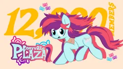 Size: 2560x1440 | Tagged: safe, artist:derpyalex2, derpibooru import, oc, oc:taffy swirl, unofficial characters only, earth pony, pony, bandana, banner, digital art, galloping, image, looking at you, milestone, png, pony oc
