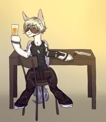 Size: 1300x1500 | Tagged: safe, derpibooru import, oc, oc:light knight, pegasus, alcohol, armor, cup, cyberpunk, cyberpunk 2077, glasses, gun, handgun, image, implants, johnny silverhand, looking at you, pistol, png, table, weapon, whiskey