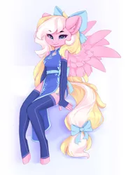 Size: 1498x2048 | Tagged: safe, artist:shooshaa, derpibooru import, oc, oc:bay breeze, unofficial characters only, anthro, pegasus, pony, unguligrade anthro, bow, clothes, dress, female, hair bow, heart, heart eyes, image, jpeg, looking at you, mare, simple background, tail, tail bow, wingding eyes, wings