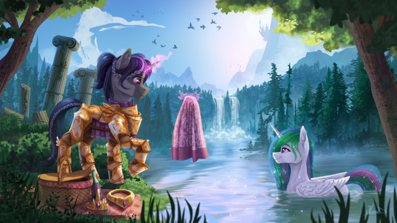 Size: 4736x2664 | Tagged: safe, artist:helmie-art, derpibooru import, princess celestia, oc, alicorn, bird, unicorn, armor, basket, forest, image, png, royal guard, sky, towel, tree, water, waterfall