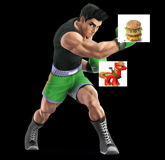 Size: 536x520 | Tagged: safe, derpibooru import, big macintosh, little mac, earth pony, human, pony, 1000 hours in ms paint, big mac (burger), black background, burger, food, food pun, hamburger, image, little mac (punch-out!!), mcdonald's, mcdonald's happy meal toys, nintendo, png, pun, punch-out!!, simple background, solo, toy, visual pun