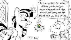 Size: 1200x675 | Tagged: safe, artist:pony-berserker, derpibooru import, spike, twilight sparkle, twilight sparkle (alicorn), alicorn, dragon, image, monochrome, neo noir, partial color, png, pony-berserker's twitter sketches, pony-berserker's twitter sketches (2023), potion, twilight's castle, winged spike, wings