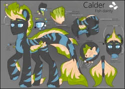 Size: 3500x2500 | Tagged: safe, artist:medkit, derpibooru import, oc, oc:calder (fish dainty), unofficial characters only, earth pony, fish, hybrid, original species, pony, adam's apple, big eyes, blue eyes, bust, closed mouth, coat markings, colored ears, colored eyebrows, colored eyelashes, colored hooves, colored lineart, crown, cutie mark, dark coat, ear piercing, earring, earth pony oc, eyebrows, eyes open, fin, fin mane, fins, fish tail, food, front view, full body, gills, gradient background, heart shaped, high res, holey mane, hoof fin, image, jewelry, lateral fin, male, matcha taiyaki, open mouth, oral cavity, owner:medkit, piercing, png, portrait, quadrupedal, raised hoof, reference sheet, regalia, signature, silhouette, slit pupils, square earrings, stallion, standing, sternocleidomastoid, stripes, tail, tail fin, taiyaki, teeth, text, three quarter view, tongue out, two toned coat, two toned fin, two toned mane, two toned tail, unshorn fetlocks, watermark