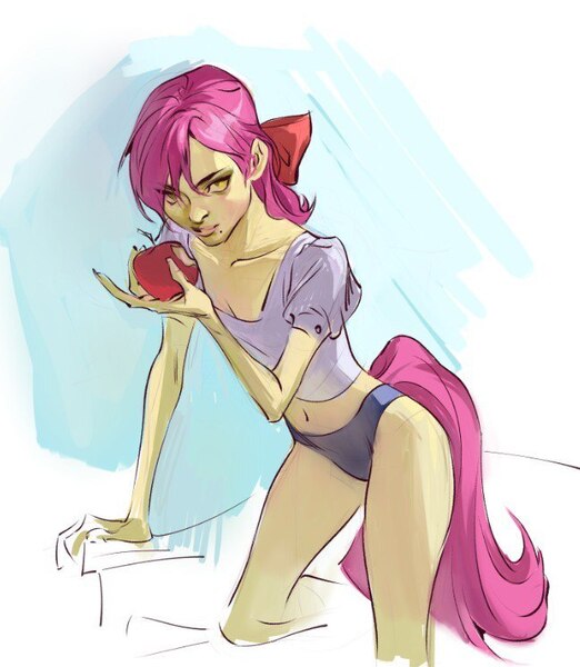 Size: 648x745 | Tagged: safe, artist:kirrrika, derpibooru import, apple bloom, human, equestria girls, apple, clothes, eating, food, humanized, image, jpeg, panties, shirt, solo, tail, tailed humanization, underwear