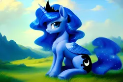 Size: 1920x1280 | Tagged: safe, derpibooru import, editor:dovakkins, machine learning generated, stable diffusion, princess luna, alicorn, pony, :t, concave belly, cute, derpibooru exclusive, ethereal mane, female, filly, filly luna, grass, grass field, image, jewelry, looking at you, lunabetes, missing accessory, png, regalia, scenery, sitting, smiling, smiling at you, solo, tail, unshorn fetlocks, wavy mane, wavy tail, wings, woona, younger