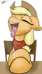 Size: 4000x7055 | Tagged: suggestive, artist:teropone, derpibooru import, applejack, big macintosh, applepred, eating, female, giantess, image, macro, macro/micro, mare pred, maw, mawshot, open mouth, png, predajack, stallion prey, swallowing, throat, tongue out, unwilling prey, uvula, vore