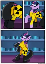 Size: 2480x3508 | Tagged: suggestive, artist:lilacnightmare, derpibooru import, twilight sparkle, twilight sparkle (alicorn), alicorn, comic:my little drony, ass, bipedal, butt, hazmat pony drone, hazmat suit, image, png, rubber drone, transformation, transgender transformation