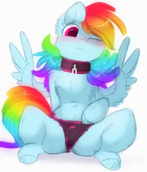 Size: 2486x2922 | Tagged: suggestive, artist:hiccupsdoesart, banned from derpibooru, edit, editor:s410, rainbow dash, blushing, chest fluff, clothes, collar, colored pupils, ear fluff, female, frilly underwear, heart, heart print underwear, image, nudity, panties, png, pubic fluff, purple underwear, simple background, solo, solo female, spread wings, underwear, vulva, white background, wings
