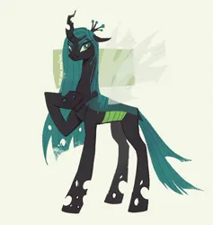 Size: 1784x1879 | Tagged: safe, artist:maggie0li, artist:overthemaginot, derpibooru import, queen chrysalis, changeling, changeling queen, concave belly, female, hoof on chest, image, jpeg, long mane, simple background, slim, smiling, smirk, solo, standing, thin, white background