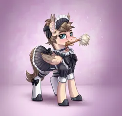 Size: 3146x3000 | Tagged: safe, artist:helmie-art, derpibooru import, oc, oc:dima, unofficial characters only, pegasus, pony, bow, choker, clothes, dress, duster, hair bow, image, jpeg, maid, maid headdress, mouth hold, shoes, skirt, socks, solo, stockings, thigh highs