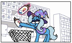 Size: 1842x1092 | Tagged: safe, artist:punkittdev, derpibooru import, trixie, pony, unicorn, bread, cape, clothes, commission, female, food, glow, glowing horn, hat, horn, image, jpeg, magic, mare, shopping, shopping cart, simple background, solo, trixie's cape, trixie's hat, white background, wonder bread