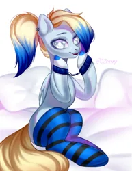 Size: 3333x4321 | Tagged: suggestive, artist:minchyseok, derpibooru import, oc, oc:azure opus, pegasus, pony, bed, blind, clothes, commission, cuffs, ear piercing, female, image, mare, piercing, pillow, png, ponytail, socks, solo, solo female, two toned mane, ych result