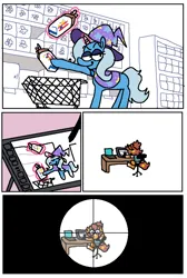 Size: 1842x2742 | Tagged: safe, artist:punkittdev, derpibooru import, trixie, oc, unofficial characters only, pony, unicorn, bread, breaking the fourth wall, cape, chair, clothes, comic, commission, computer, crosshair, desk, drawing tablet, female, food, glow, glowing horn, gun, hat, horn, image, laptop computer, magic, mare, png, rifle, shopping, shopping cart, simple background, sniper rifle, this will end in death, trixie's cape, trixie's hat, weapon, white background, wonder bread
