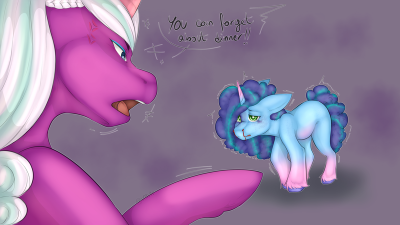 Size: 3840x2160 | Tagged: source needed, safe, artist:miphassl, derpibooru import, alicorn, pony, unicorn, g5, spoiler:g5, abuse, angry, blood, bruised, bully, commission, crying, duo, duo female, female, image, mare, misty brightdawn, mistybuse, nosebleed, opabitch, opaline arcana, png, sad, scolding, simple background, speech bubble, yelling