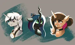 Size: 3000x1800 | Tagged: safe, artist:poxy_boxy, derpibooru import, queen chrysalis, oc, unnamed oc, changeling, changeling queen, pony, unicorn, blushing, bust, choker, eye clipping through hair, eyebrows, eyebrows visible through hair, female, freckles, goggles, gray background, grin, high res, horn, image, jpeg, male, mare, simple background, smiling, smirk, stallion, trio, unicorn oc