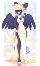 Size: 1250x2048 | Tagged: safe, artist:shooshaa, derpibooru import, oc, oc:kimono silk, unofficial characters only, anthro, pegasus, unguligrade anthro, anthro oc, boob window, breasts, cheongsam, cleavage, clothes, dress, elegant, eye clipping through hair, freckles, gradient mane, image, jpeg, looking at you, pegasus oc, pretty, reflection, smiling, smiling at you, solo, spread wings, total sideslit, wings